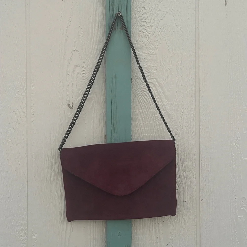 J.Crew Burgundy Suede Leather Envelope Chain Crossbody Clutch Bag